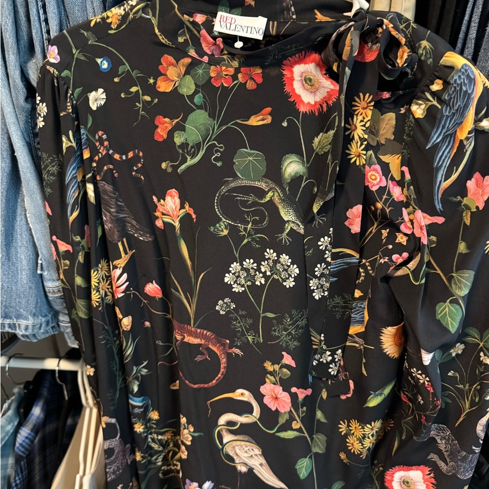 RED Valentino Black Floral & Fauna Long Sleeve Top